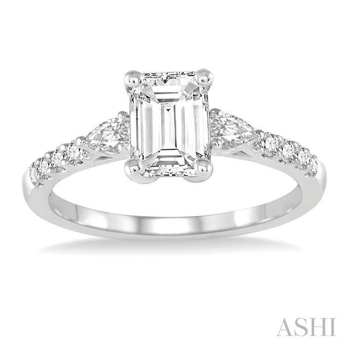 3/8 Ctw Emerald Shape Pear & Round Cut Diamond Semi-Mount Engagement Ring in 14K White Gold