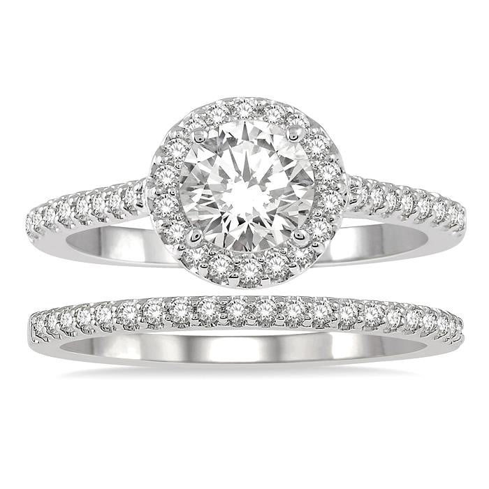 7/8 Ctw Round Cut Diamond Wedding Set With 3/4 Ctw Round Cut Engagement Ring and 1/6 Ctw Wedding Band in 14K White Gold