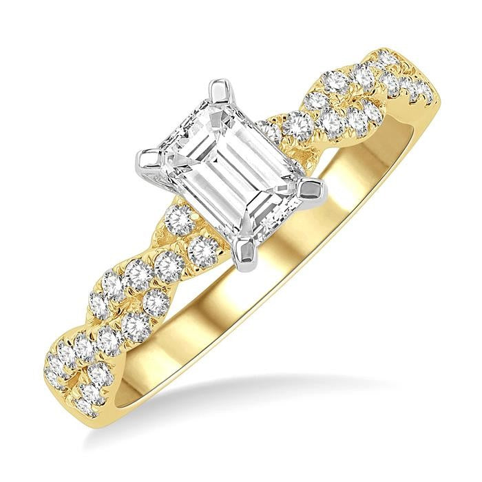 7/8 Ctw Twisted Shank Round Cut Diamond Engagement Ring With 1/2 Ct Emerald Cut Center Stone in 14K Yellow and White Gold