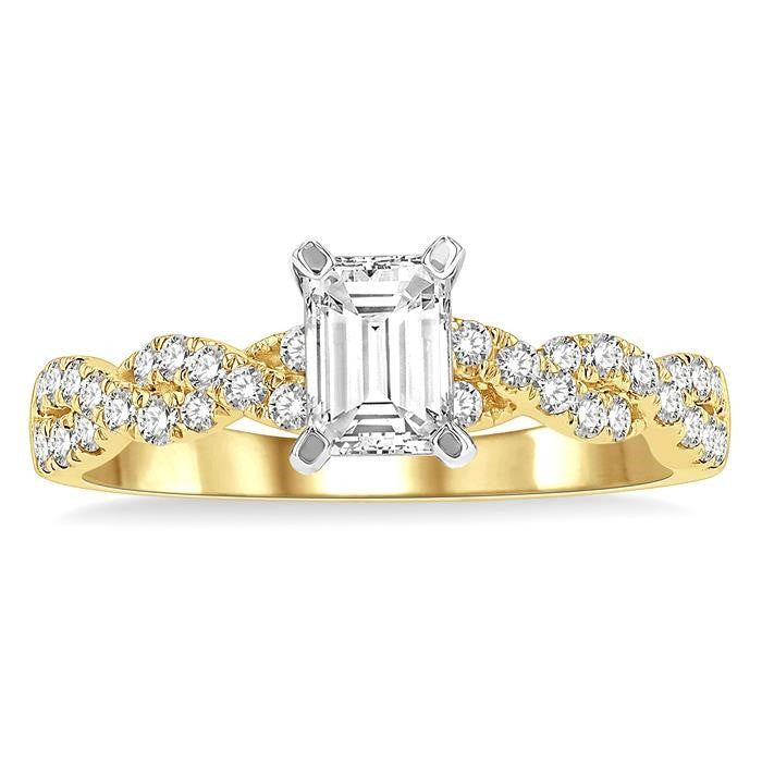 7/8 Ctw Twisted Shank Round Cut Diamond Engagement Ring With 1/2 Ct Emerald Cut Center Stone in 14K Yellow and White Gold