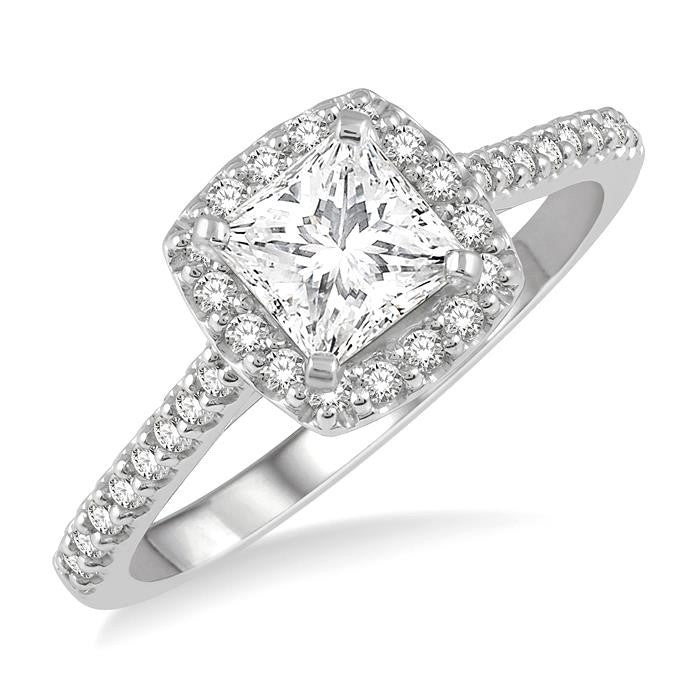 1 Ctw Cushion Shape Round & Princess Cut Diamond Engagement Ring With 3/4 Ctw Princess Cut Center Stone in 14K White Gold