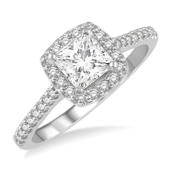 1 Ctw Cushion Shape Round & Princess Cut Diamond Engagement Ring With 3/4 Ctw Princess Cut Center Stone in 14K White Gold