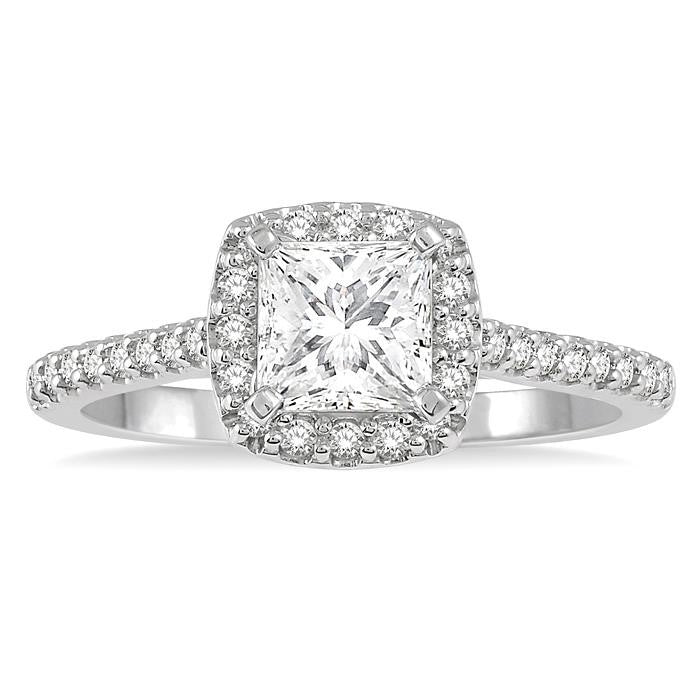 1 Ctw Cushion Shape Round & Princess Cut Diamond Engagement Ring With 3/4 Ctw Princess Cut Center Stone in 14K White Gold