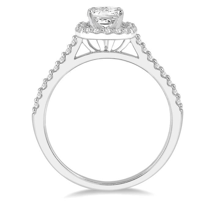1 Ctw Cushion Shape Round & Princess Cut Diamond Engagement Ring With 3/4 Ctw Princess Cut Center Stone in 14K White Gold
