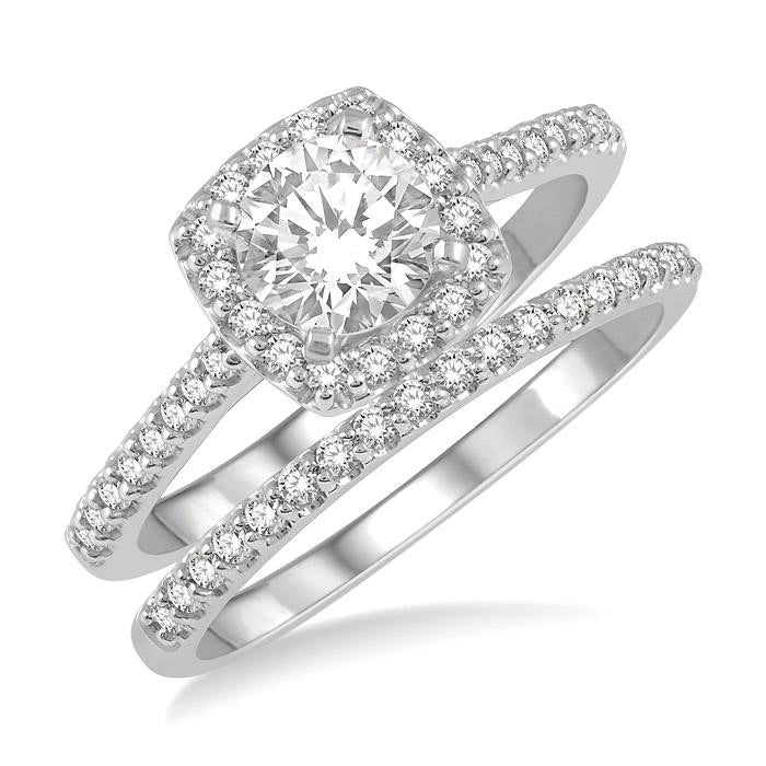 Cushion Shape Halo Diamond Wedding Set
