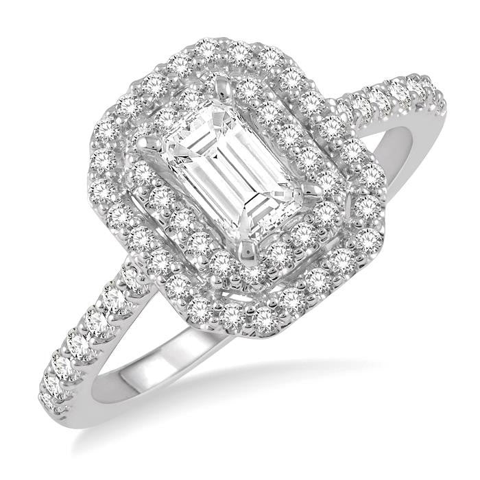 1 Ctw Diamond Ladies Engagement Ring with 1/2 Ct Emerald Cut Center Stone in 14K White Gold