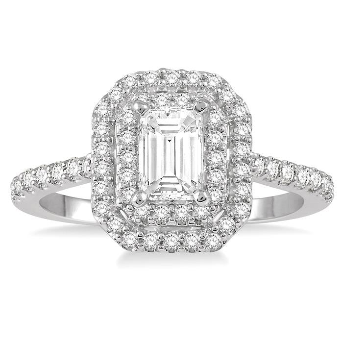 1 Ctw Diamond Ladies Engagement Ring with 1/2 Ct Emerald Cut Center Stone in 14K White Gold