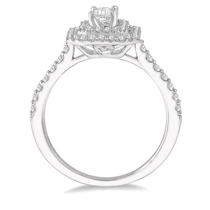 1 Ctw Diamond Ladies Engagement Ring with 1/2 Ct Emerald Cut Center Stone in 14K White Gold