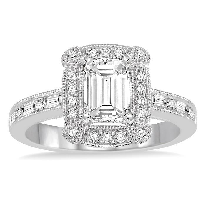 1 1/6 Ctw Diamond Engagement Ring with 5/8 Ct Emerald Cut Center Stone in 14K White Gold