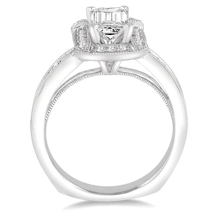 1 1/6 Ctw Diamond Engagement Ring with 5/8 Ct Emerald Cut Center Stone in 14K White Gold