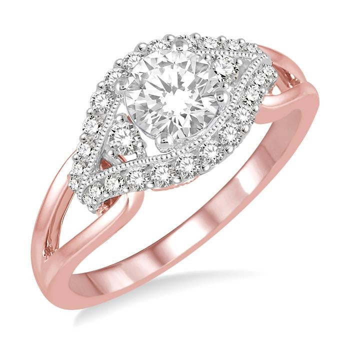 3/4 Ctw Diamond Engagement Ring with 1/2 Ct Round Cut Center Stone in 14K Rose and White Gold