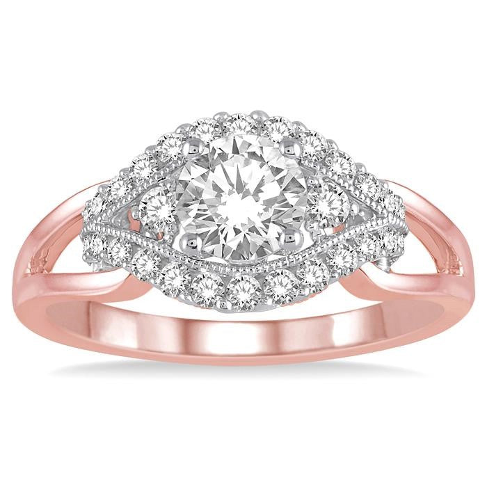 3/4 Ctw Diamond Engagement Ring with 1/2 Ct Round Cut Center Stone in 14K Rose and White Gold
