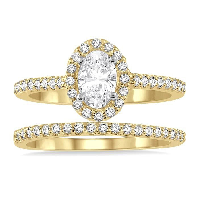 1/2 Ctw Diamond Wedding Set With 3/8 Ct Oval Cut Engagement Ring and 1/10 Ct Wedding Band in 14K Yellow and white gold