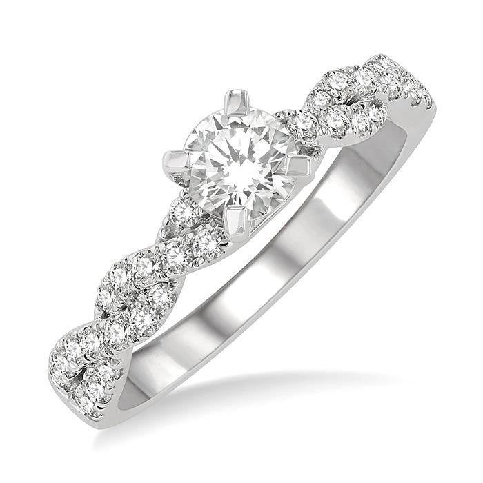 7/8 Ctw Twisted Shank Diamond Engagement Ring With 1/2 Ct Round Cut Center Stone in 14K White Gold