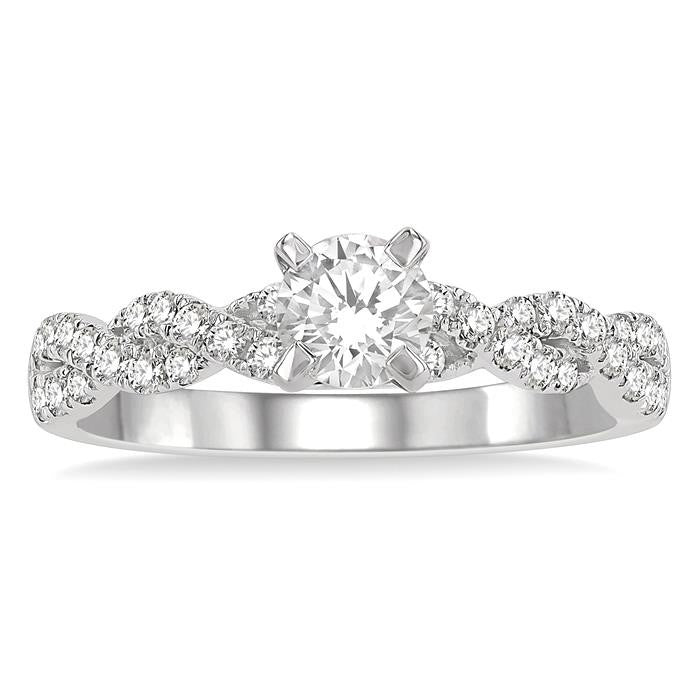 7/8 Ctw Twisted Shank Diamond Engagement Ring With 1/2 Ct Round Cut Center Stone in 14K White Gold