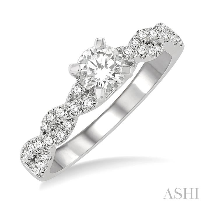 7/8 Ctw Twisted Shank Diamond Engagement Ring With 1/2 Ct Round Cut Center Stone in 14K White Gold