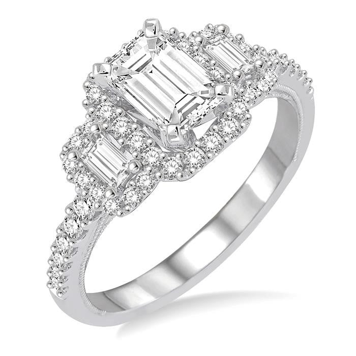 1 Ctw Baguette and Round Cut Diamond Ladies Engagement Ring with 1/2 Ct Emerald Cut Center Stone in 14K White Gold