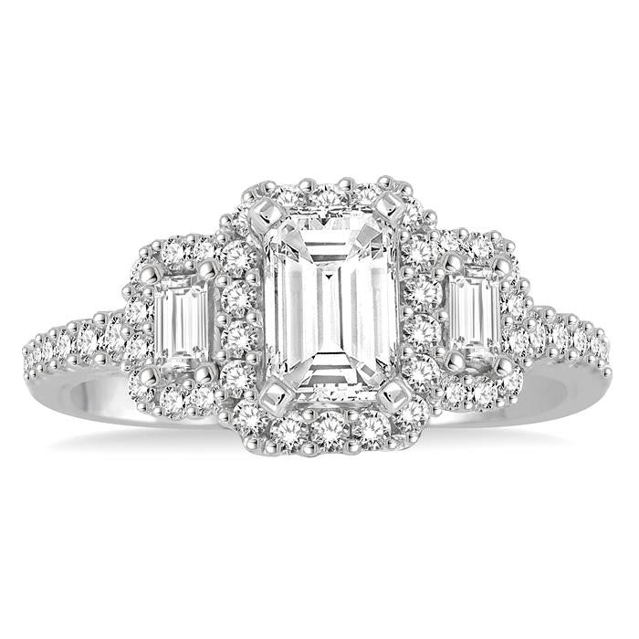 1 Ctw Baguette and Round Cut Diamond Ladies Engagement Ring with 1/2 Ct Emerald Cut Center Stone in 14K White Gold