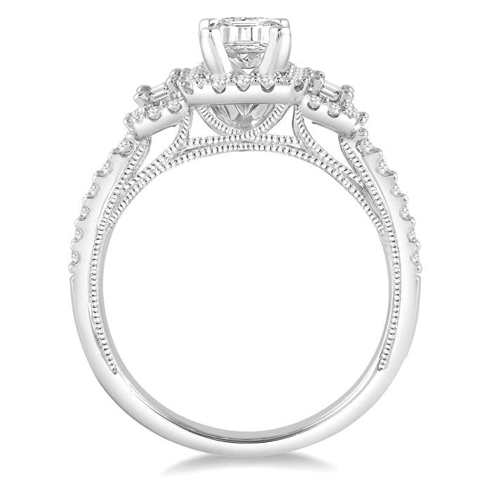 1 Ctw Baguette and Round Cut Diamond Ladies Engagement Ring with 1/2 Ct Emerald Cut Center Stone in 14K White Gold