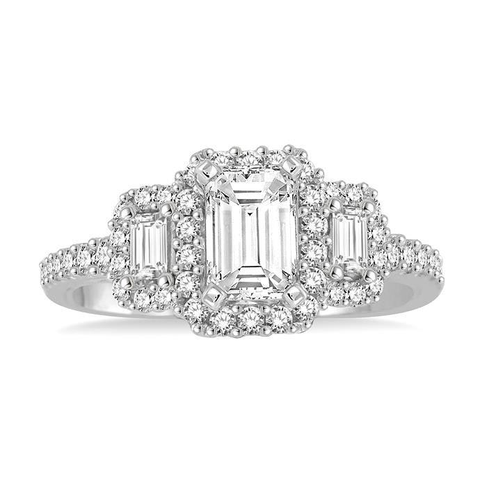 5/8 Ctw Diamond Ladies Engagement Ring with 1/4 Ct Emerald Cut Center Stone in 14K White Gold