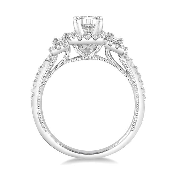 5/8 Ctw Diamond Ladies Engagement Ring with 1/4 Ct Emerald Cut Center Stone in 14K White Gold