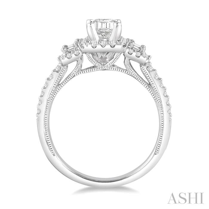 5/8 Ctw Diamond Ladies Engagement Ring with 1/4 Ct Emerald Cut Center Stone in 14K White Gold