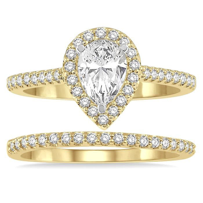 Pear Shape Halo Diamond Wedding Set