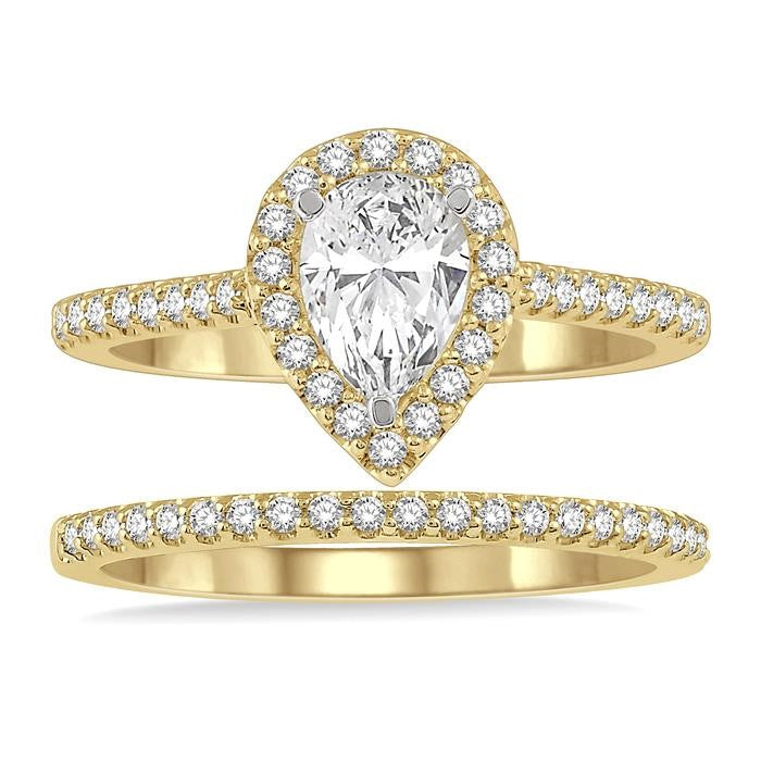 1/2 Ctw Diamond Wedding Set With 3/8 Ctw Pear Cut Engagement Ring and 1/10 Ctw Wedding Band in 14K Yellow and White Gold