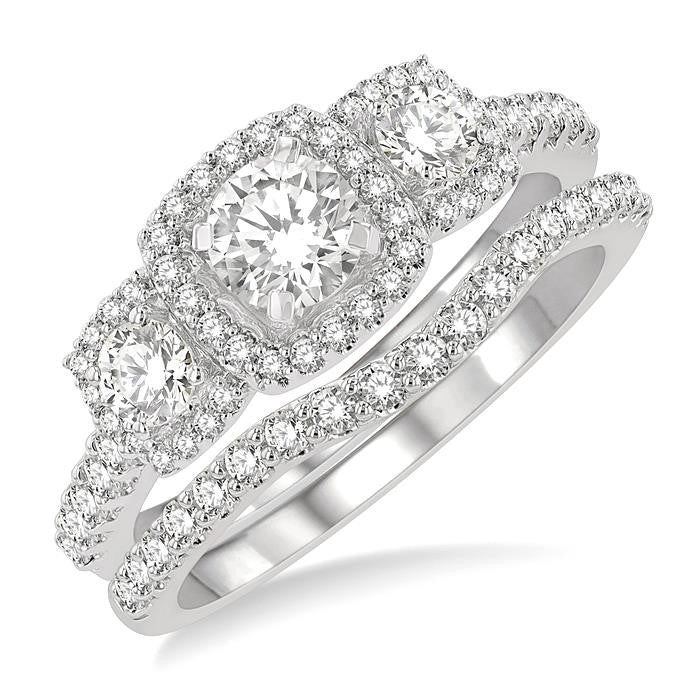 Cushion Shape Past Present & Future Halo Diamond Wedding Set