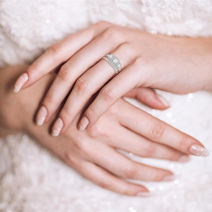 Cushion Shape Past Present & Future Halo Diamond Wedding Set