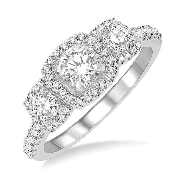 1 Ctw Cushion Shape Past, Present & Future Diamond Engagement Ring With 3/8 Ct Round Cut Center Stone in 14K White Gold