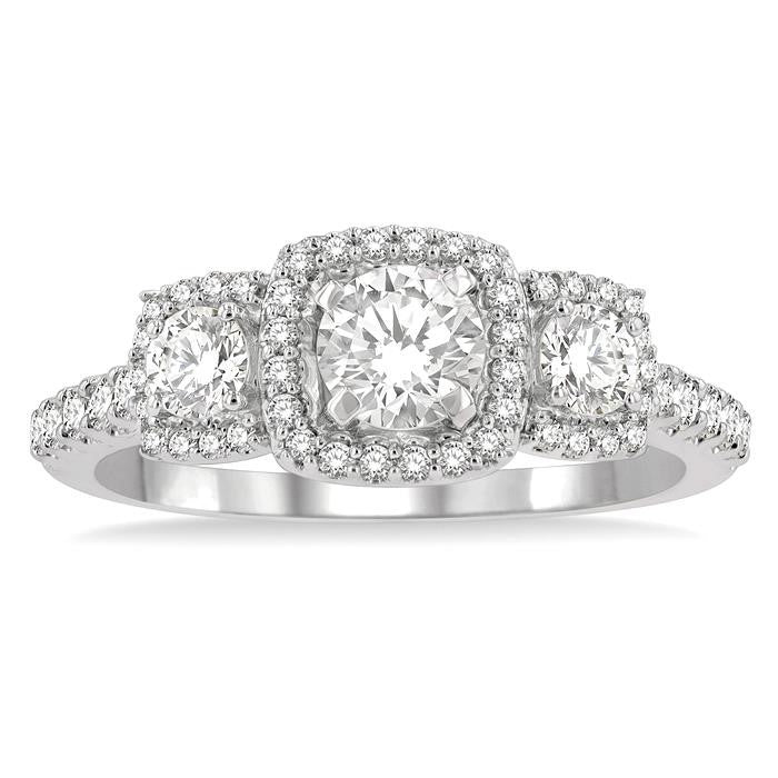 1 Ctw Cushion Shape Past, Present & Future Diamond Engagement Ring With 3/8 Ct Round Cut Center Stone in 14K White Gold