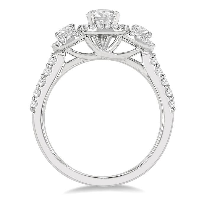 1 Ctw Cushion Shape Past, Present & Future Diamond Engagement Ring With 3/8 Ct Round Cut Center Stone in 14K White Gold