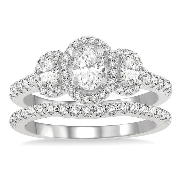 Oval Shape Past Present & Future Halo Diamond Wedding Set