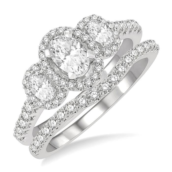 Oval Shape Past Present & Future Halo Diamond Wedding Set