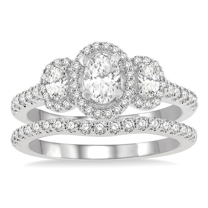 Oval Shape Past Present & Future Halo Diamond Wedding Set
