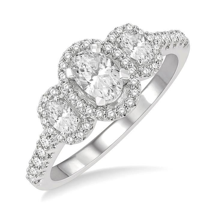 1 Ctw Past, Present & Future Round Cut Diamond Engagement Ring With 3/8 Ct Oval Cut Center Stone in 14K White Gold
