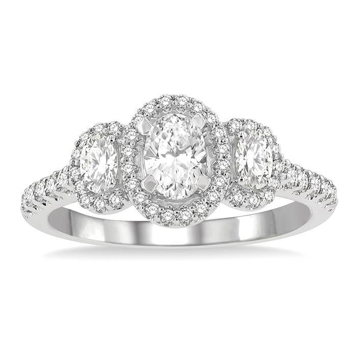 1 Ctw Past, Present & Future Round Cut Diamond Engagement Ring With 3/8 Ct Oval Cut Center Stone in 14K White Gold