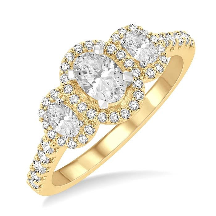 1 Ctw Past, Present & Future Round Cut Diamond Engagement Ring With 3/8 Ct Oval Cut Center Stone in 14K Yellow and White Gold