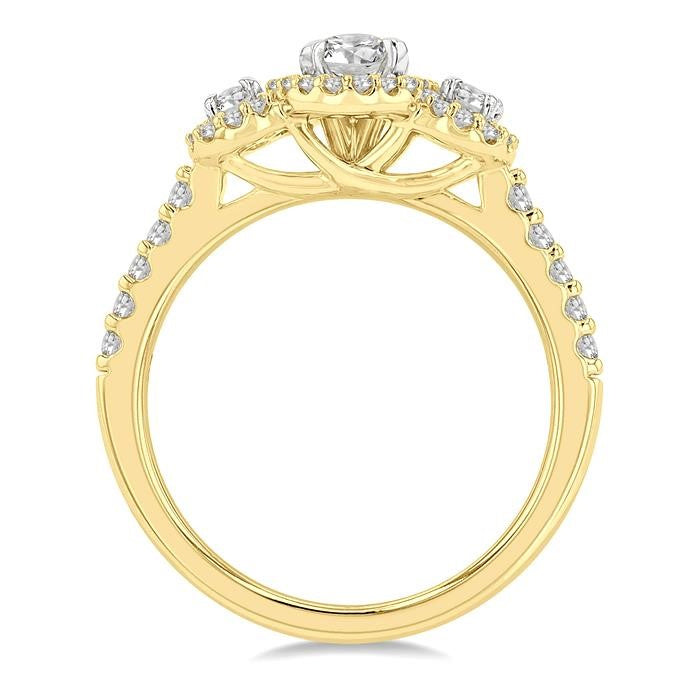 1 Ctw Past, Present & Future Round Cut Diamond Engagement Ring With 3/8 Ct Oval Cut Center Stone in 14K Yellow and White Gold
