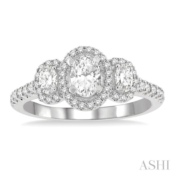 1 Ctw Past, Present & Future Round Cut Diamond Engagement Ring With 3/8 Ct Oval Cut Center Stone in 14K White Gold