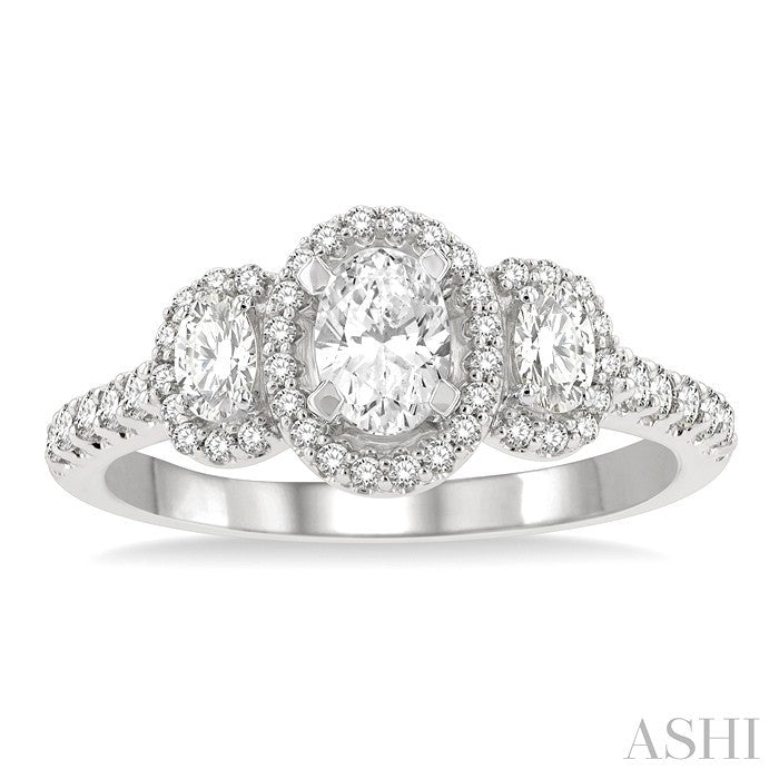 5/8 Ctw Oval Shape Past, Present & Future Round Cut Diamond Semi-Mount Engagement Ring in 14K White Gold