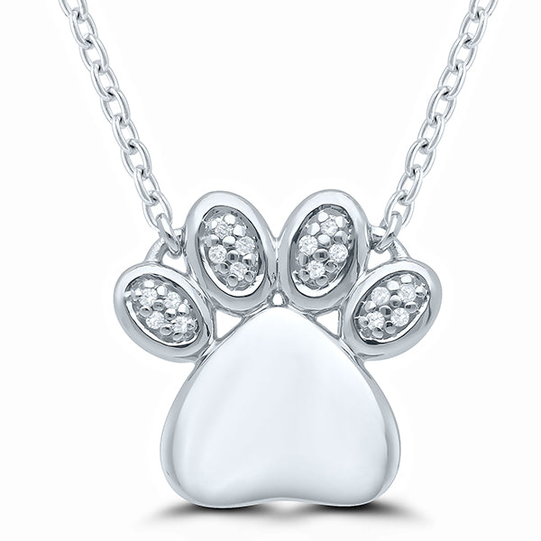 Front View Sterling Silver Diamond Puppy Paw Pendant with Chain