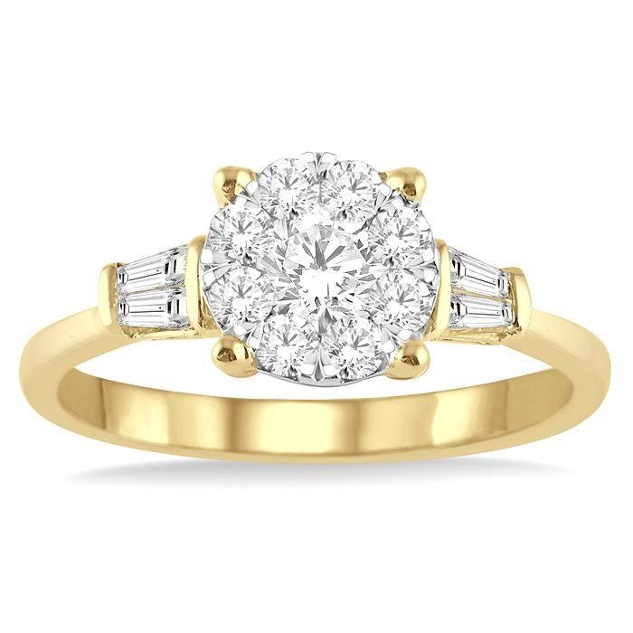 3/4 Ctw Round and Baguette Diamond Shine Bright Engagement Ring in 14K Yellow and White gold