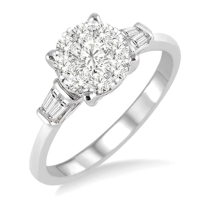 3/4 Ctw Round and Baguette Diamond Shine Bright Engagement Ring in 14K White Gold