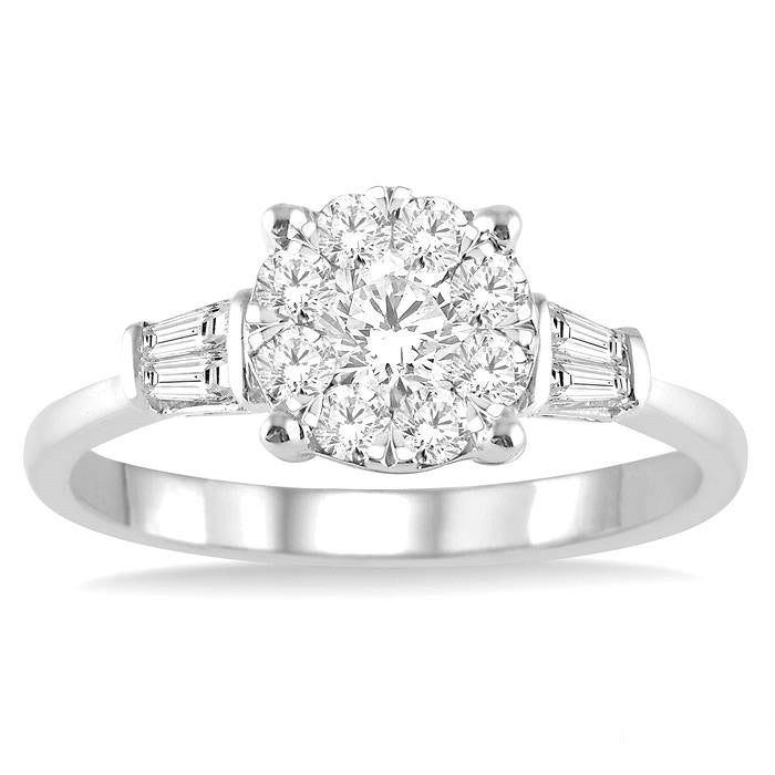 3/4 Ctw Round and Baguette Diamond Shine Bright Engagement Ring in 14K White Gold