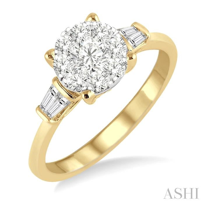 3/4 Ctw Round and Baguette Diamond Shine Bright Engagement Ring in 14K Yellow and White gold