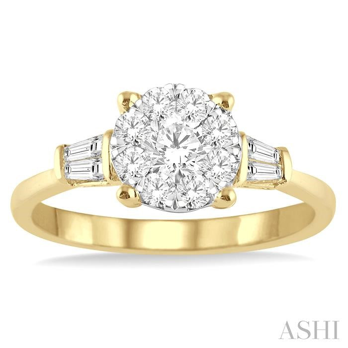 3/4 Ctw Round and Baguette Diamond Shine Bright Engagement Ring in 14K Yellow and White gold