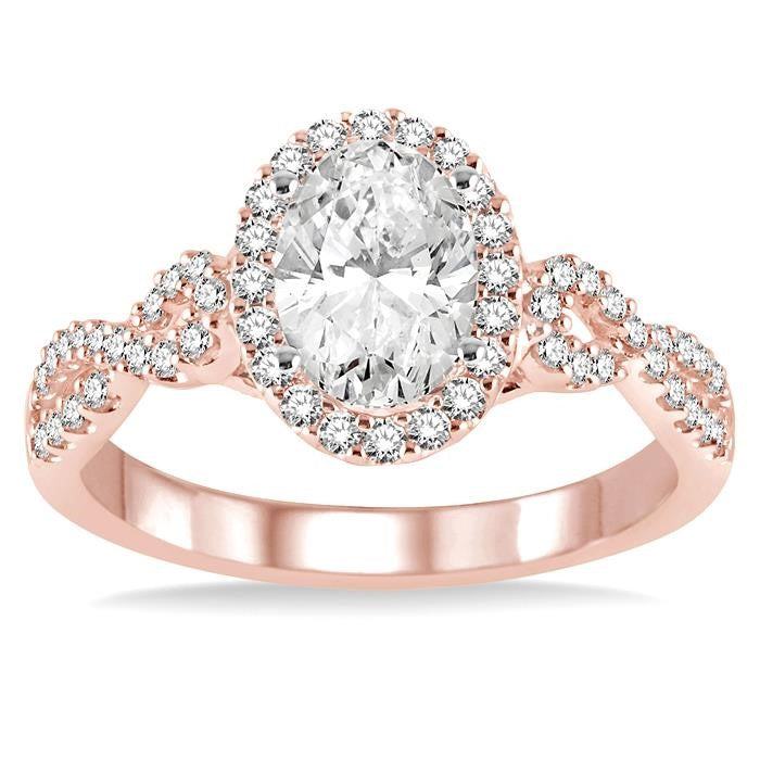 1/2 Ctw Oval Cut Diamond Ladies Engagement Ring with 1/3 Ct Oval Cut Center Stone in 14K Rose and White Gold