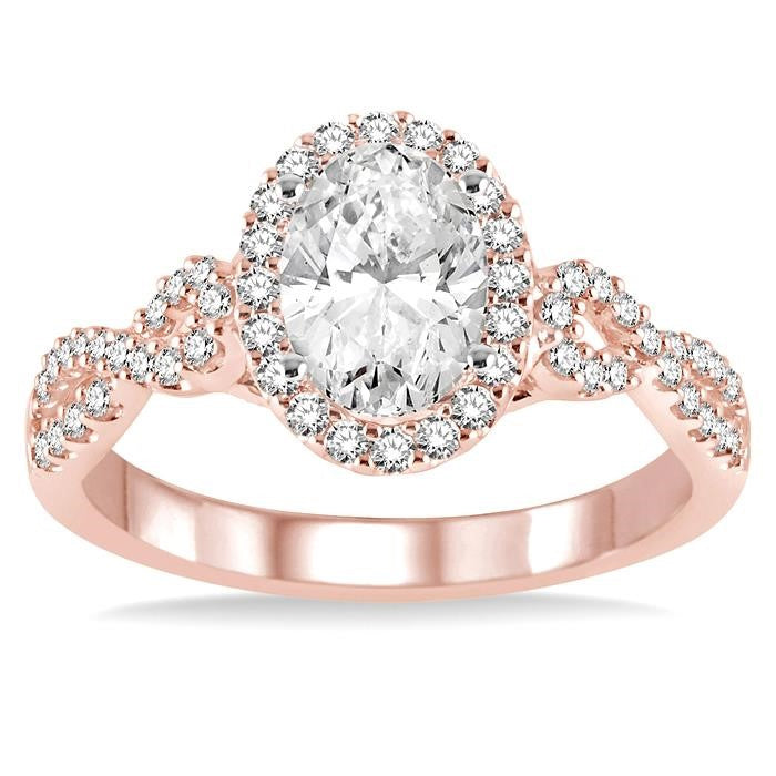 1/2 Ctw Oval Cut Diamond Ladies Engagement Ring with 1/3 Ct Oval Cut Center Stone in 14K Rose and White Gold